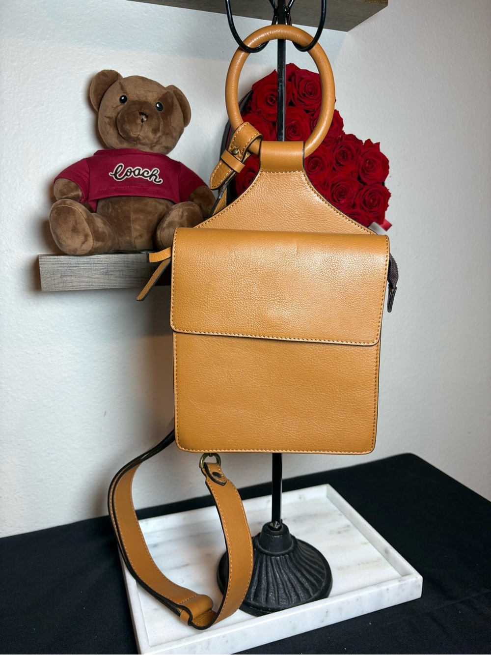 Sundance Leather Ring-Handle Crossbody Bag in Tan